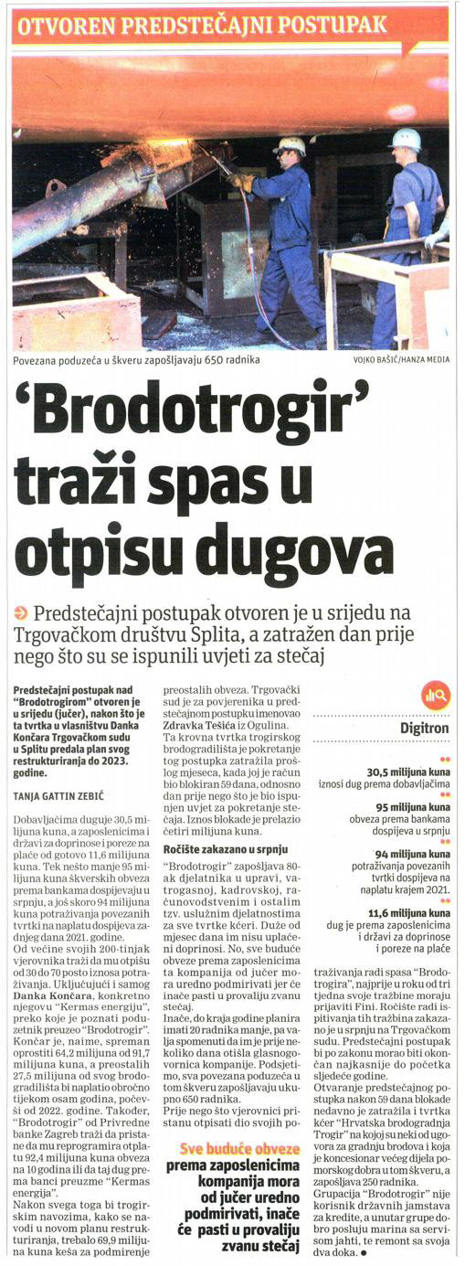 Brodotrogir traži spas u otpisu dugova - Slobodna Dalmacija, 4.4.2019.